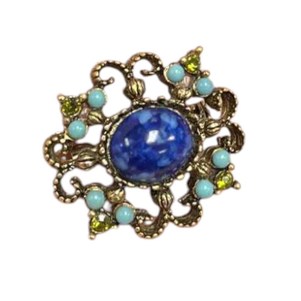 Vintage Ornate Gold Tone Blue Middle w/ Turquoise And Rhinestones Brooch Pin